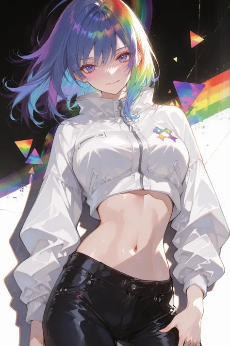 (masterpiece:1.4), (Oh!Great style:1.3), inspired by Oogure Ito, dynamic anime girl, midriff-baring outfit, short sporty jacket slightly open, crop top, slim and athletic build, confident smile, detailed abdominal shading, stylish urban look, blue hair flo...