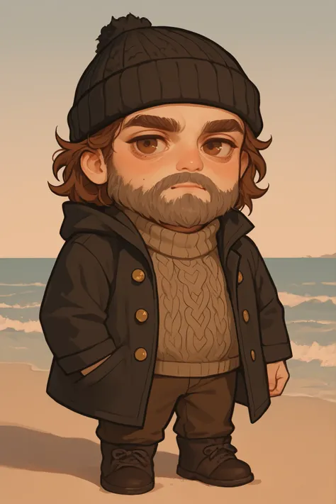 Make a semi-realistic midjorney art style of a chubby older man. He has pale wrinkly white skin with brown and greying long whispy unkempt beard. He has short brown hair with greying hairs styled into short shaggy combed back hair. He has sharp and serious...