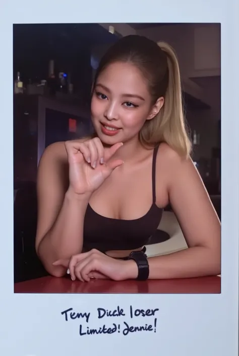 amature photo, A beautiful young girl annoyed. realistic,sphf1ngers, sph, beautiful hand, 5 finger, looking at viewer,indoors, sitting, sweat, laughing woman, night club, party, bar,, it writes "Tiny Dick Loser Limited! Jennie ", polaroid photo, five finge...