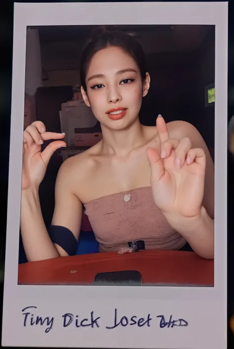 amature photo, A beautiful young girl annoyed. realistic,sphf1ngers, sph, beautiful hand, 5 finger, looking at viewer,indoors, sitting, sweat, laughing woman, night club, party, bar,, it writes "Tiny Dick Loser Limited! Jennie ", polaroid photo, five finge...
