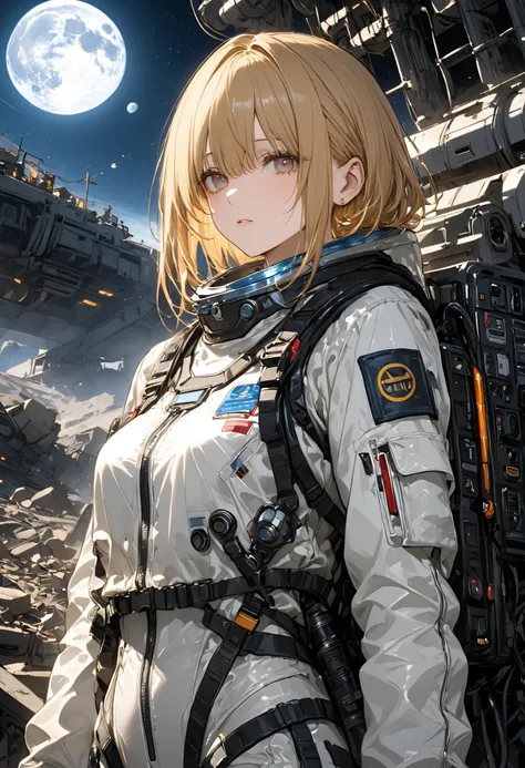 The Forgotten Star、The End of a Distant Galaxy、What kind of stories happened on this forgotten planet、The Forgotten Earth、🌏、Collapsed civilization、Covering up、Rubble spreads all over、A girl in a spacesuit looking into the distance、White Moon、 What kind of ...