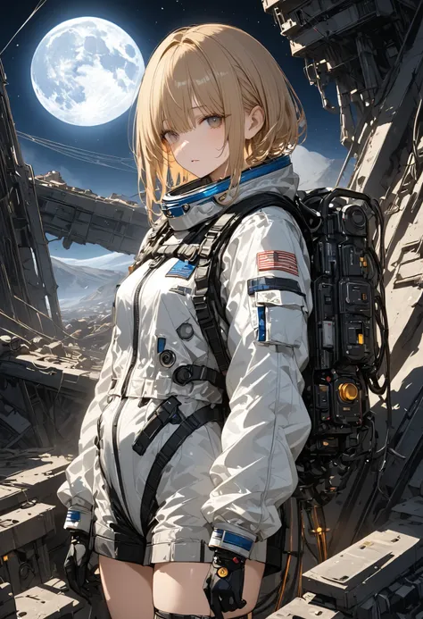 The Forgotten Star、The End of a Distant Galaxy、What kind of stories happened on this forgotten planet、The Forgotten Earth、🌏、Collapsed civilization、Covering up、Rubble spreads all over、A girl in a spacesuit looking into the distance、White Moon、 What kind of ...