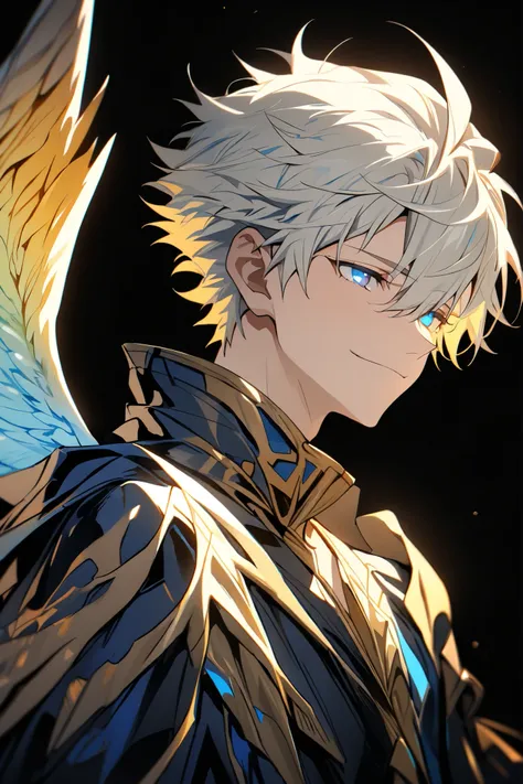 [(Black BACKGROUND:1.5),::5], ((masterpiece)), high quality, ultra very high resolution, full color, ((solo)), ((adult male)), ((men's white Short hair), (inner yellow hair), (blue eye.), light smile, anime, (upper body), (Wings EFFECT:1)