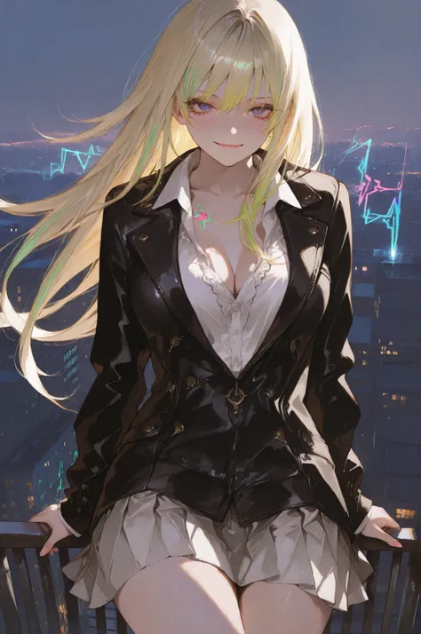 (masterpiece:1.5), (Oh!Great style:1.4), inspired by Oogure Ito, refined delinquent girl with elegant toughness, sitting on a city rooftop railing, smiling softly yet confidently at the viewer, sharp and detailed eyes, realistic anatomy, dynamic perspectiv...