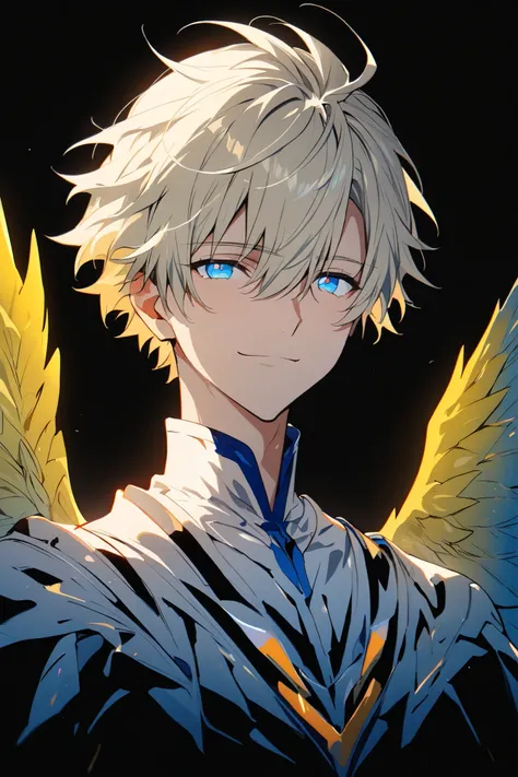 [(Black BACKGROUND:1.5),::5], ((masterpiece)), high quality, ultra very high resolution, full color, ((solo)), ((adult male)), ((men's white Short hair), (inner yellow hair), (blue eye.), light smile, anime, (upper body), (Wings EFFECT:1)