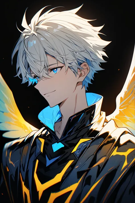[(Black BACKGROUND:1.5),::5], ((masterpiece)), high quality, ultra very high resolution, full color, ((solo)), ((adult male)), ((men's white Short hair), (inner yellow hair), (blue eye.), light smile, anime, (upper body), (Wings EFFECT:1)