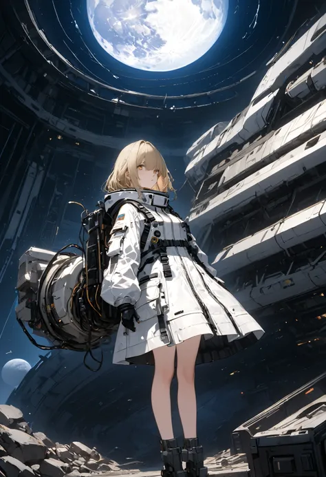 The Forgotten Star、The End of a Distant Galaxy、What kind of stories happened on this forgotten planet、The Forgotten Earth、🌏、Collapsed civilization、Covering up、Rubble spreads all over、A girl in a spacesuit looking into the distance、White Moon、 What kind of ...