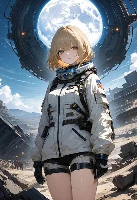 The Forgotten Star、The End of a Distant Galaxy、What kind of stories happened on this forgotten planet、The Forgotten Earth、🌏、Collapsed civilization、Covering up、Rubble spreads all over、A girl in a spacesuit looking into the distance、White Moon、 What kind of ...