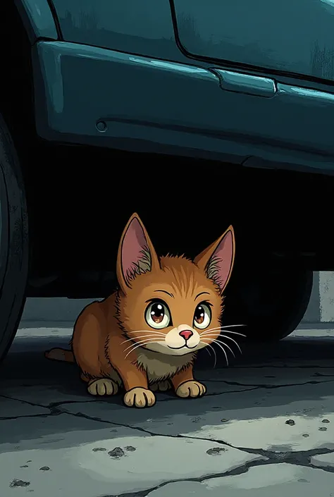 A small Cat is hiding under a car. İt looks scared.( The cat's eyes shine from the dark (Picture it in comic form) 