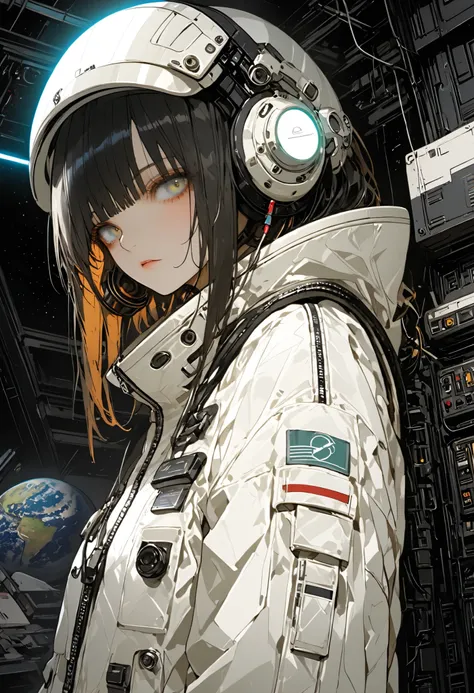 (masterpiece,Highest Quality,ultra detail,超high definition,detailed background),((Cyberpunk)),((flat color)),((colorful)),(1girl),pilot,pilot helmet,pilot jacket,watch the viewers,solo,アッパーボディ,Colored Background,high contrast,Contrasting colors,cowboy shot...