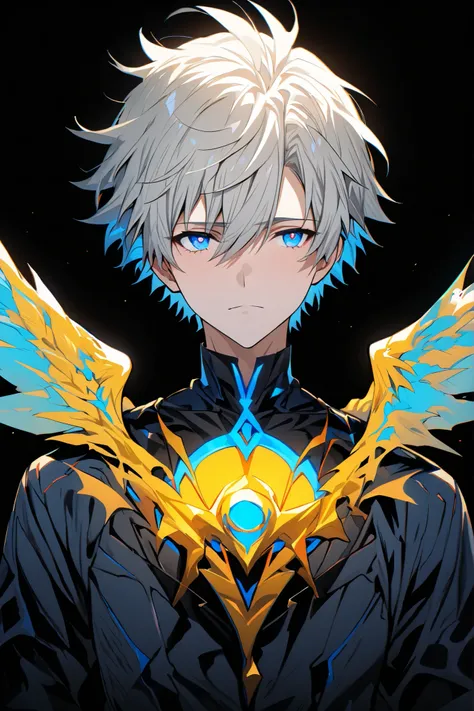 [(BLACK BACKGROUND:1.5),::5], ((masterpiece)), high quality, ultra very high resolution, full color, ((solo)), ((adult male)), ((men's white Short hair), (inner yellow hair), (blue eye.), anime, (upper body), (Wings EFFECT:1)