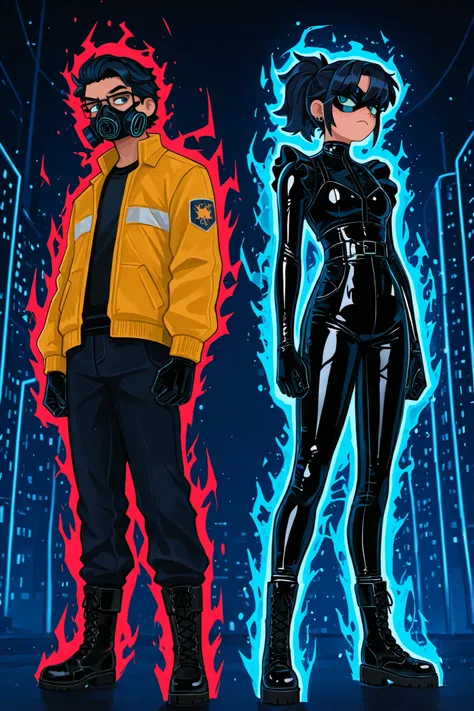 B3NS4DFL3CK

New York City
Streets
Night Time

1boy, glasses, hazel-green eyes, black short hair, yellow utility jacket, black jeans, black combat boots, piercing gaze, half face respirator, heroic pose, red lightning aura, serious eyes

1girl, dark blue /...