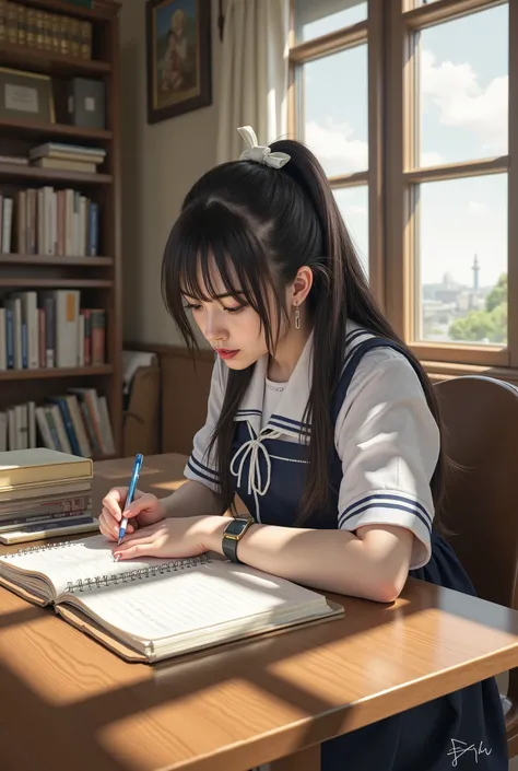 Detailed Shooting Style、Japanese woman、high school students、long hair、Ponytail、WHITE RIBBON、school uniform、Studying for the entrance exam、 Libraries 、realistic texture expression、Soft Shadows、I'm sitting on a chair and writing in a notebook on my desk、...