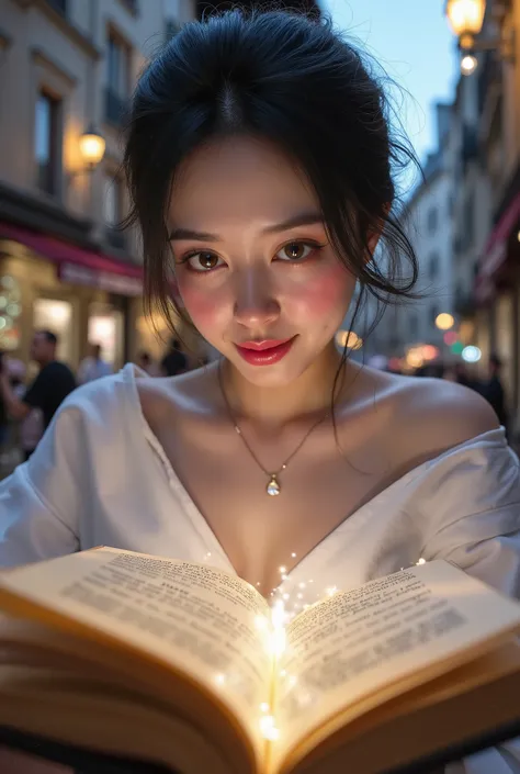 library scene:1.5,Japanese woman opening a book,European cityscape pops out of the book:1.7,wrapped in light,slight cleavage visible,POV,first-person view