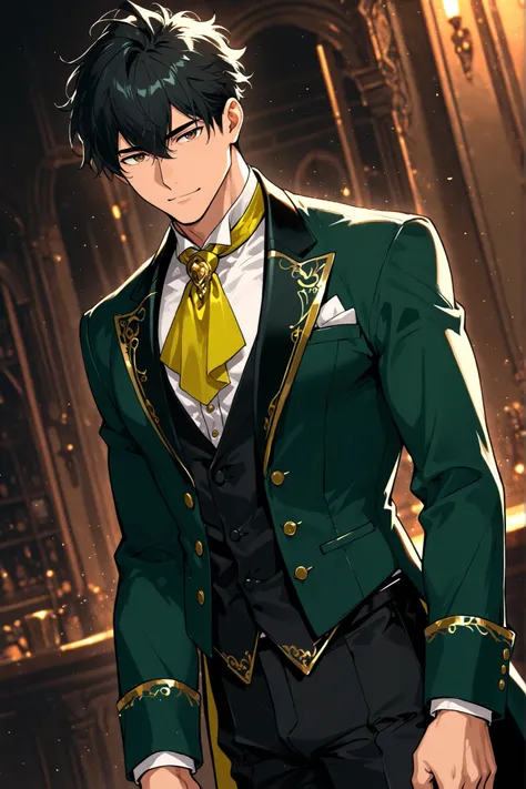 1boy, solo, original, handsome man, (mature male:0.8), (brown eyes, khaki eyes:0.5), black hair, (short hair:0.7), (spiky hair:0.9) (hair between eyes:1.1), bangs, gentle, butler, [confident expression], (detailed clothing:1.2), dark green coat, long coat ...