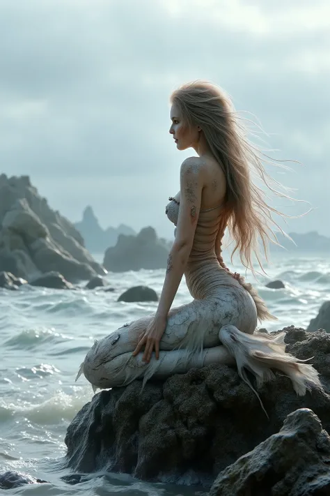 a beautiful mermaid, on a rock in a pristine ocean, mit langen, flowing blonde hair, a detailed sculpted tail fin with silvery scales, and a relaxed expression, 8K, detailliert, fotorealistisch, komplex, dramatic lighting, cinematographic composition, calm...