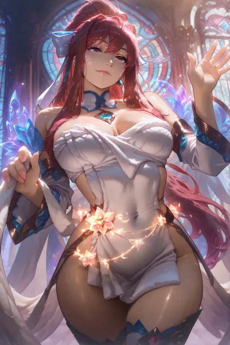 Sexy, ultra detailed illustration of Monika from Doki Doki Literature Club. She stands confidently in front of a grand, majestic castle at night, wearing only a soft white towel wrapped around her body and a flowing magical cape with intricate star embroid...