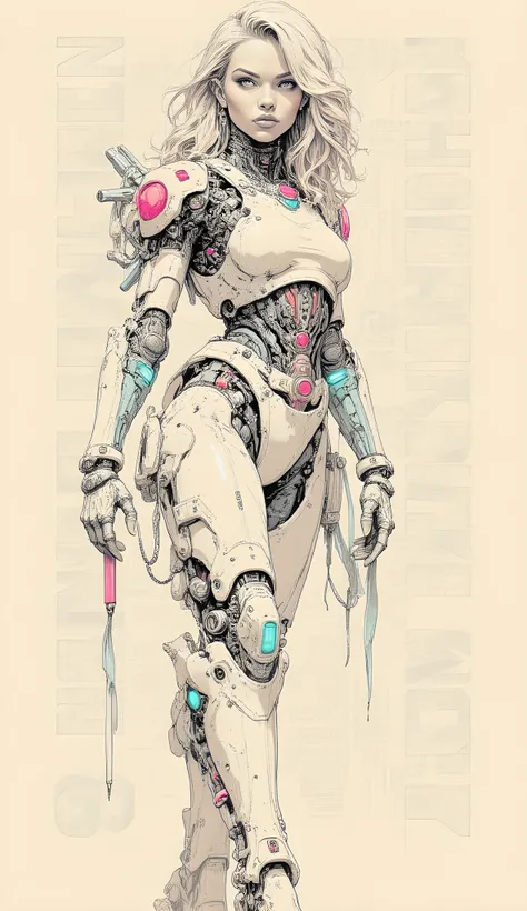Light pastel color.
A highly detailed, photorealistic pencil drawing of: "**Capolavoro, 8k, very high resolution**, **half-length portrait** di una **bellissima donna** con **cybernetical body parts**.
**Ambientazione:** **post-apocalyptic world**.
*...