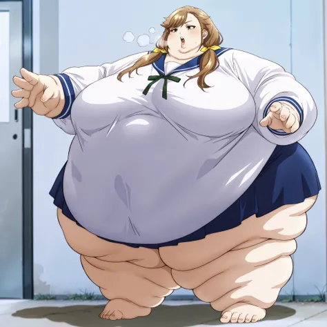  tenjousora
brown eyes, long hair, asymmetrical hair, asymmetrical bangs, brown hair, low twintails, hair ribbon
white shirt, blue sailor collar, neck ribbon, long sleeves, blue skirt, fat, chubby, obese, fat neck, multiple chins, big breasts open mouth, o...