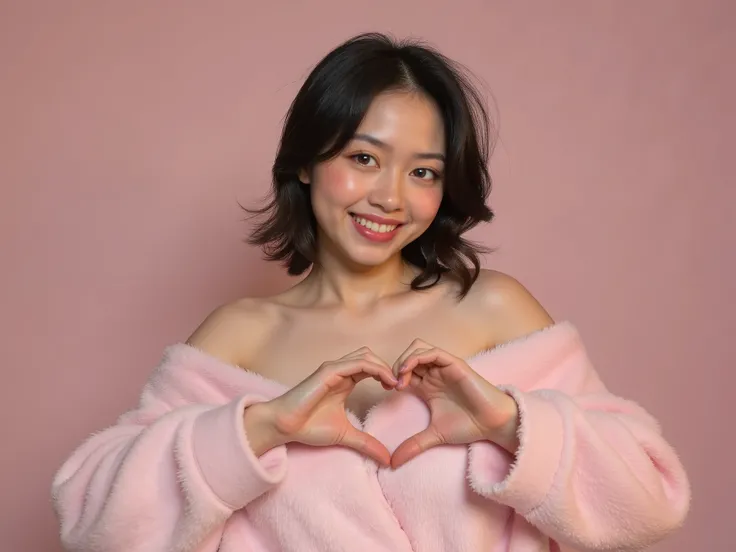 Only one woman with a cute smile wears cute, fluffy off-shoulder pajamas, makes a big heart shape with both hands, and poses them in front of her chest, View above collarbone、The background is a monotone