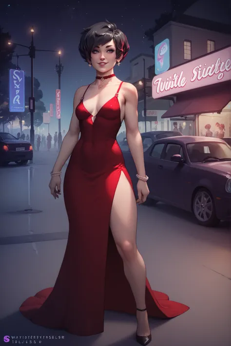 Girl, pixie hair, wearing an elegant red dress, black hair dress, fair skin, looking at me, small breasts, thin, small body. Standing tonight, on the street, starry night (High quality, 4k, HD) 