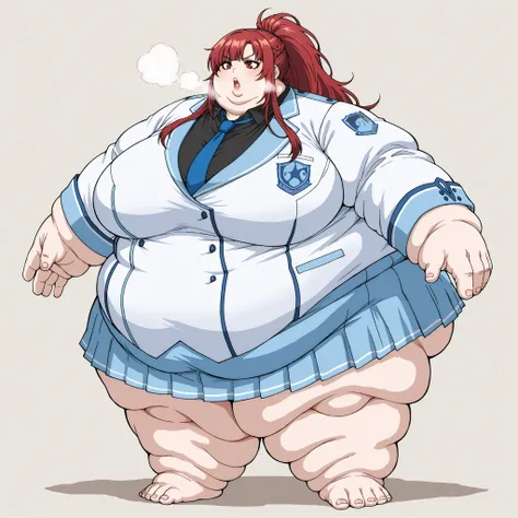 <lora:kaede-kazama-s1-ponyxl-lora-nochekaiser:1>, kaede kazama, long hair, bangs, red eyes, ponytail, braid, sidelocks, red hair, large breasts, skirt, shirt, long sleeves, school uniform, jacket, necktie, collared shirt, uniform, black shirt, white jacket...