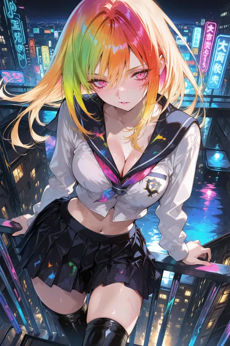 (masterpiece, best quality, ultra-detailed, Oogure Ito style, stylish anime illustration, perfect lighting, dynamic perspective),
slim and elegant highschool girl wearing a modified school uniform with exposed midriff, cropped jacket, short pleated skirt...