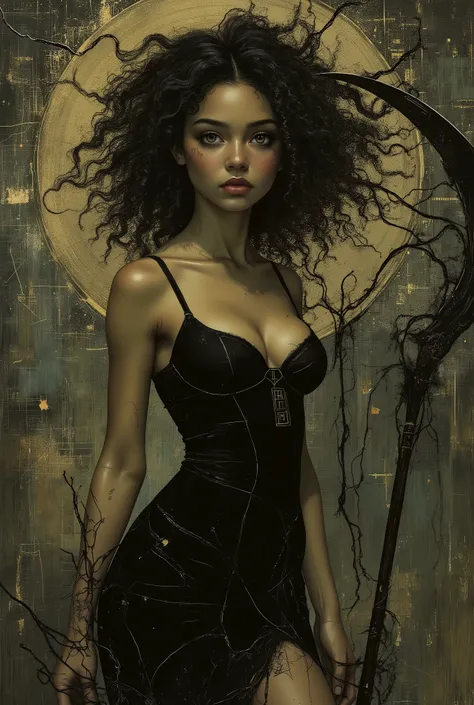 a dark-haired woman in a black dress, the most beautiful female death in the world, mixed african american with lovely caramel skin and thick thighs big beautiful ass, nice waist, small round breasts, holding a scythe with the letters "HNP" engraved on it,...