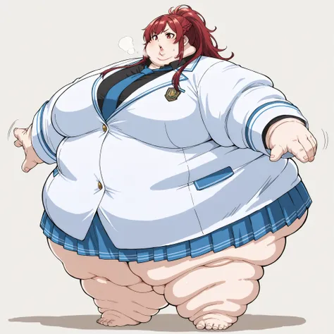  kaede kazama, long hair, bangs, red eyes, ponytail, braid, sidelocks, red hair, large breasts, skirt, shirt, long sleeves, school uniform, jacket, necktie, collared shirt, uniform, black shirt, white jacket, blue necktie, fat, chubby, obese, fat neck, mul...