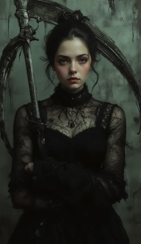 a dark-haired woman in a black dress, the most beautiful female death in the world, holding a scythe with the letters "EAA" engraved on it in ornate spidery script , dark fantasy, gothic, dramatic lighting, cinematic, detailed portrait, chiaroscuro, dramat...