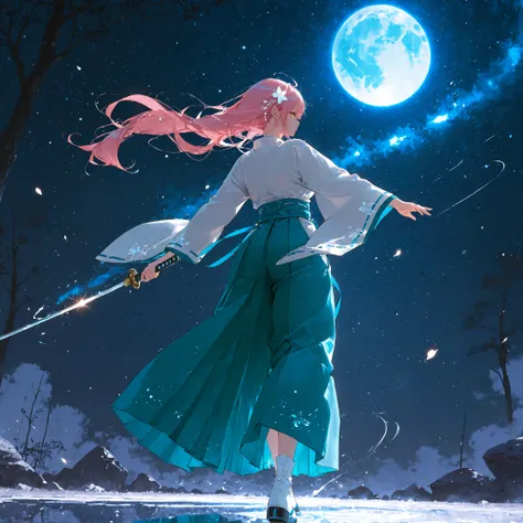 amazing quality, very aesthetic, absurdres, newest, (masterpiece, best quality, ultra-detailed, cinematic anime illustration),
miko-inspired girl performing a dynamic dance on moon surface,
long pink hair in flowing ponytail spinning with rotation,
yell...