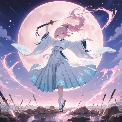 novuschroma65 style watercolor, Lovely_Chu, (masterpiece, best quality, ultra-detailed, cinematic anime illustration),
miko-inspired girl performing a dynamic dance on the moon surface,
long pink hair in flowing ponytail spinning with rotation,
yellow e...