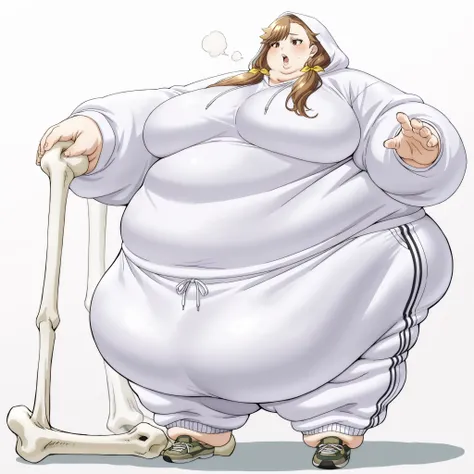  tenjousora
brown eyes, long hair, asymmetrical hair, asymmetrical bangs, brown hair, low twintails, hair ribbon, hoodie, hood up, sweatpants, shoes, fat, chubby, obese, fat neck, multiple chins, big breasts open mouth, Out of breath , larger female, full ...