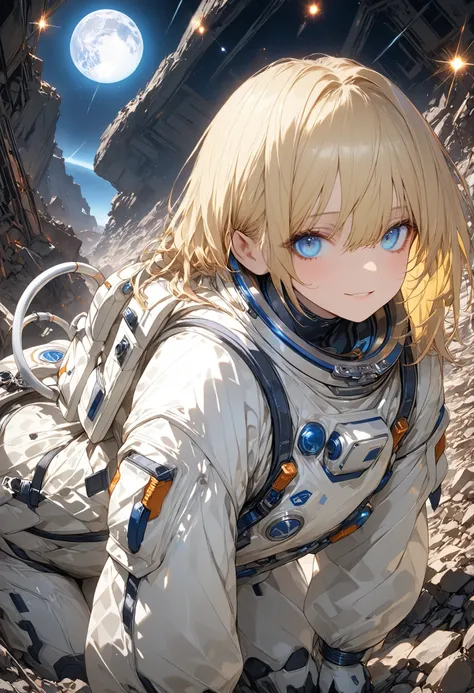 (masterpiece,Highest Quality,ultra detail,超high definition,detailed background),((flat color)),((colorful)),(1girl),watch the viewers,solo,cowboy shot、The Forgotten Star、planet、Daytime、小さなWhite Moon、meteor、空から降り注ぐmeteor、無数のmeteor群、Earth After Three Thousan...