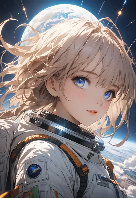 (masterpiece,Highest Quality,ultra detail,超high definition,detailed background),((flat color)),((colorful)),(1girl),watch the viewers,solo,cowboy shot、The Forgotten Star、planet、Daytime、小さなWhite Moon、meteor、空から降り注ぐmeteor、無数のmeteor群、Earth After Three Thousan...