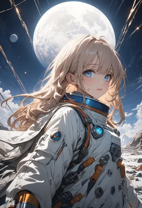 (masterpiece,Highest Quality,ultra detail,超high definition,detailed background),((flat color)),((colorful)),(1girl),watch the viewers,solo,cowboy shot、The Forgotten Star、planet、Daytime、小さなWhite Moon、meteor、空から降り注ぐmeteor、無数のmeteor群、Earth After Three Thousan...