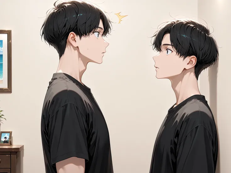 base, 8k, best quality, detailed, high resolution, master piece, 1 boy, black short hair, black t-shirt, black eyes, eyes widened, looking afar, slightly surprised, standing, profile, close-up face, male focus, modern living room, wall, from side, simple b...