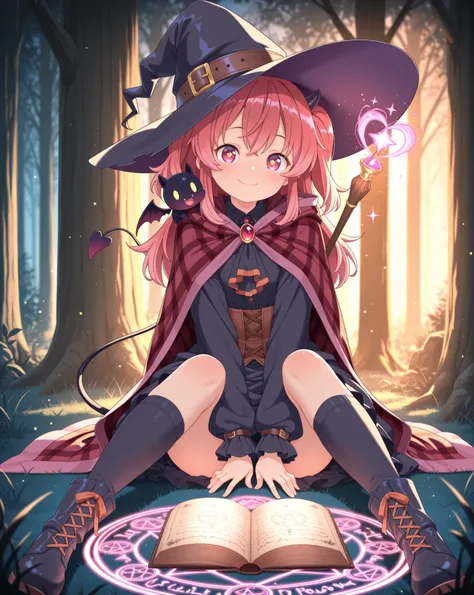 High Quality, masterpiece, ultra high definition, Witch Girl with a Mischievous Look, Lolita style , Frilled Necktie, Red and Black Plaid Robe, Little Bat's Demon Perched on Her Shoulder, magic wand, A pink heart-shaped magic circle floats around, Magical ...