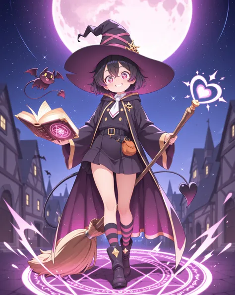 Highest Quality, masterpiece, 8K Wallpaper, Witch apprentice girl, mischievous smile, Purple and Black Plaid Robe, White Necktie with Ruffles, Little Black Bat's Demon Flying Around My Head, Sparkling Heart-Shaped Magic Circle, Pink Light Emitted from the ...