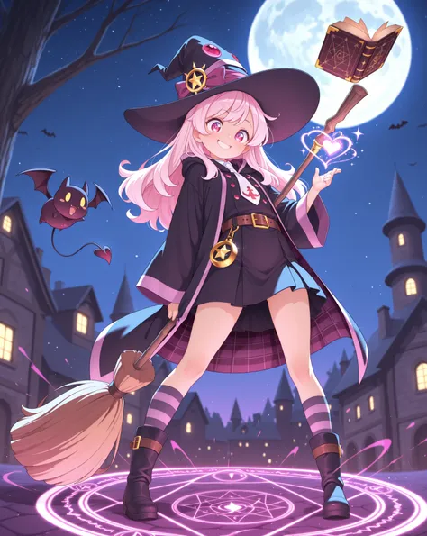 Highest Quality, masterpiece, 8K Wallpaper, Witch apprentice girl, mischievous smile, Purple and Black Plaid Robe, White Necktie with Ruffles, Little Black Bat's Demon Flying Around My Head, Sparkling Heart-Shaped Magic Circle, Pink Light Emitted from the ...