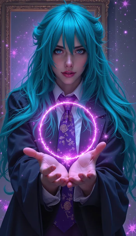 realistic, Medium Shot Like a Painting of a Seductive White Woman, 2, 5'9" tall, perfect, Graceful physique . Her Long, Wavy Hair Is Vivid Turquoise Blue,. She's Attractive //, Beautiful Woman in School Uniform, Her pose is fluid and captivating, As if o...