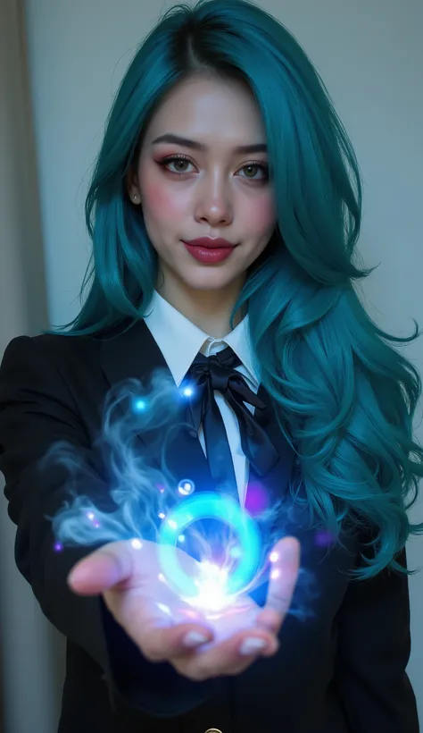 realistic, Medium Shot Like a Painting of a Seductive White Woman, 2, 5'9" tall, perfect, Graceful physique . Her Long, Wavy Hair Is Vivid Turquoise Blue,.  She's Attractive //, Beautiful Woman in School Uniform,  Her pose is fluid and captivating, As if o...