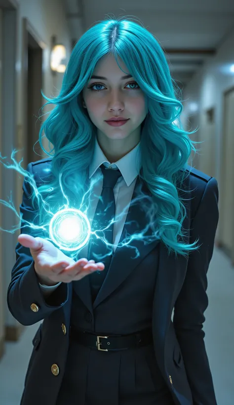 realistic, Medium Shot Like a Painting of a Seductive White Woman, 2, 5'9" tall, perfect, Graceful physique . Her Long, Wavy Hair Is Vivid Turquoise Blue,. She's Attractive //, Beautiful Woman in School Uniform, Her pose is fluid and captivating, As if o...