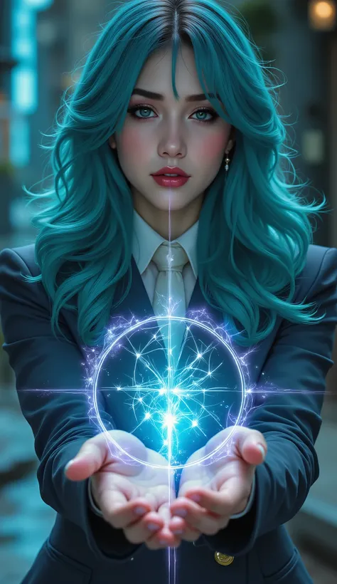 realistic, Medium Shot Like a Painting of a Seductive White Woman, 2, 5'9" tall, perfect, Graceful physique . Her Long, Wavy Hair Is Vivid Turquoise Blue,. She's Attractive //, Beautiful Woman in School Uniform, Her pose is fluid and captivating, As if o...