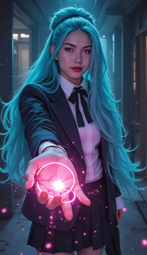 realistic, Medium Shot Like a Painting of a Seductive White Woman, 2, 5'9" tall, perfect, Graceful physique . Her Long, Wavy Hair Is Vivid Turquoise Blue,. She's Attractive //, Beautiful Woman in School Uniform, Her pose is fluid and captivating, As if o...