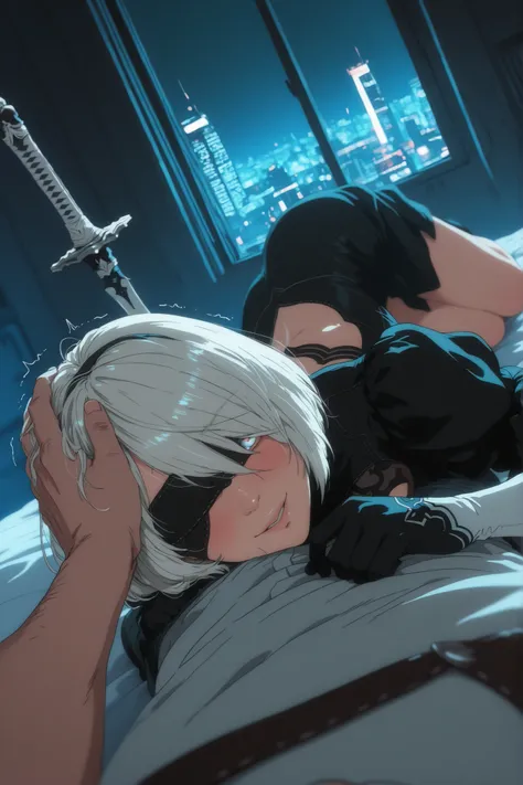 masterpiece, best quality, high resolution, ultra-detailed, 1girl, yorha 2b, nier automata, fully clothed, POV, intimate scene, looking at viewer, parted lips, blushing, embarrassed expression, intimate angle, anime artwork style, rich lighting, depth of f...