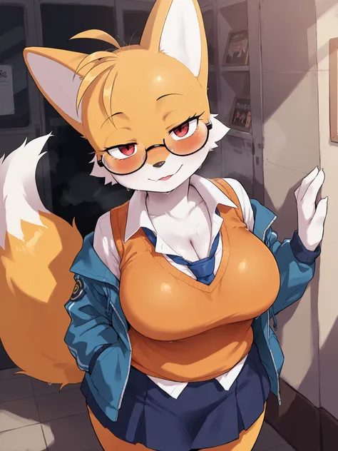 (masterpiece, the best quality), incredible quality, very aesthetic, absurd, high resolution, NEW , HDR-10, 8K, Cinematic, professional photo, chica, librarian, (((female miles "Tails" Prower:1))), Big breasts, (Small but curvy), glasses, fat nose, caderas...