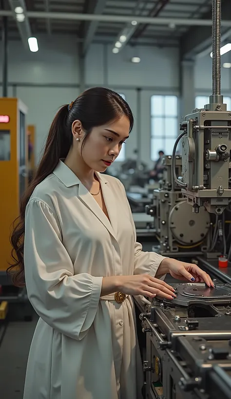 Beautiful woman working in a factory. A machine assembly line.