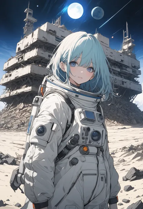 (masterpiece,Highest Quality,ultra detail,ultra high definition,detailed background),((flat color)),((colorful)),(1girl),watch the viewers,solo,cowboy shot、The Forgotten Star、planet、Daytime、The star where humanity disappeared、Apocalypse Hotel、The Forgotten...