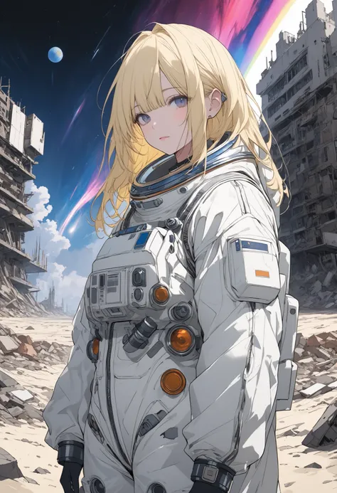 (masterpiece,Highest Quality,ultra detail,ultra high definition,detailed background),((flat color)),((colorful)),(1girl),watch the viewers,solo,cowboy shot、The Forgotten Star、planet、Daytime、The star where humanity disappeared、Apocalypse Hotel、The Forgotten...